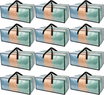 Heavy Duty Clear Moving Bags with Strong Zipper & Comfortable Handles | 12 Pack Extra Large Storage Bags Totes Moving Boxes Packing Supplies for College Dorm Room Essentials Compatible with IKEA