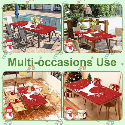 Christmas Picnic Pable Cover with Table Cover, Elastic Tablecloth for Outdoor Picnic Table, Red Reindeer and Snowflake Design, Tablecloth for Camping, Barbecue and Holiday Parties