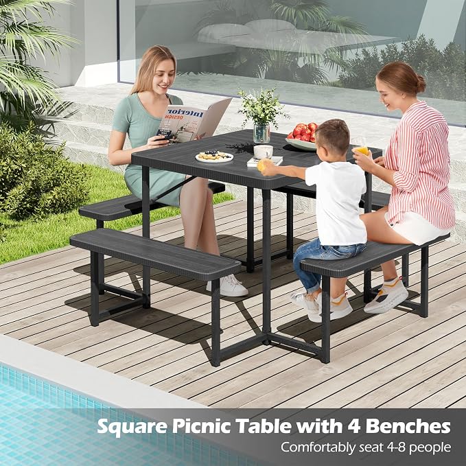 4-8 Person Picnic Table Set, Umbrella Hole, Heavy-Duty Metal Frame & 4 Benches, HDPE Square Outdoor Dinning Table & Benches for Outside, Patio, Garden, Backyard, Porch (Black)