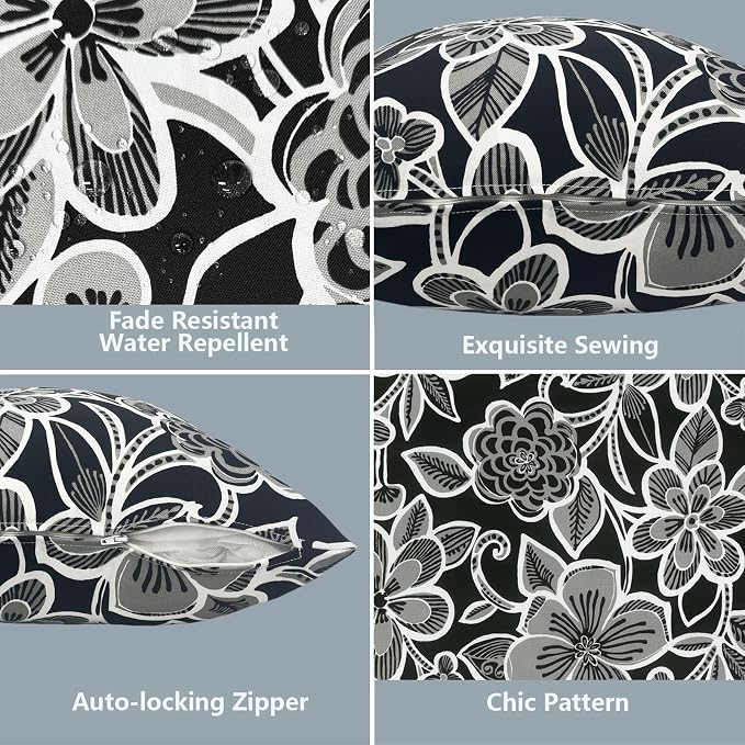 LVTXIII 2 Pack Outdoor Pillow Covers ONLY 18x18 Inch, Water-Repellent Square Decorative Cushion Covers for Patio Furniture, Garden, Sofa, Flower Black