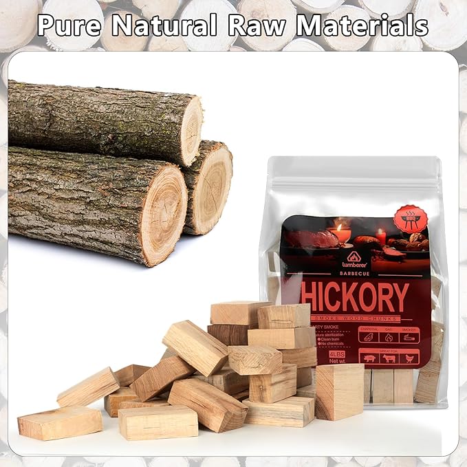 Lumberer Hickory Wood Smoking Chunks – Bold Smoky Flavor for Beef & Game – 100% Natural, Long-Lasting Burn – 4LBS, High-Temp Sterilized