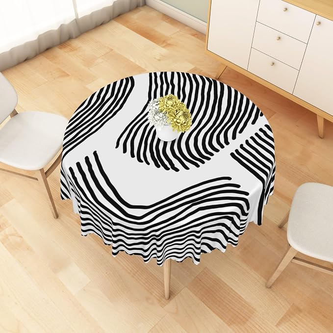 Black White Stripes Table Cloth for Round Chic Striped Circle Tablecloths Polyester Vintage for Picnic Party Dinner Wrinkle Oil-Proof Resistant Table Cover for Dining Table 60x60 Inch