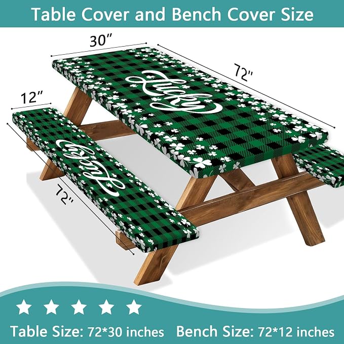 St. Patrick's Day Picnic Table Cover with Bench Covers, Camping Essentials, Buffalo Plaid Shamrock Lucky Outdoor Table Covers, Waterproof, Fitted Tablecloth Cover with Elastic Edge, 3 PCS, 30x72 Inch