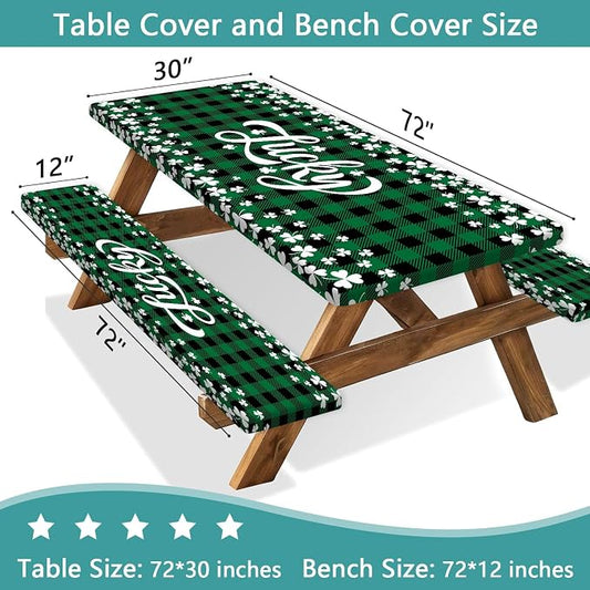St. Patrick's Day Picnic Table Cover with Bench Covers, Camping Essentials, Buffalo Plaid Shamrock Lucky Outdoor Table Covers, Waterproof, Fitted Tablecloth Cover with Elastic Edge, 3 PCS, 30x72 Inch