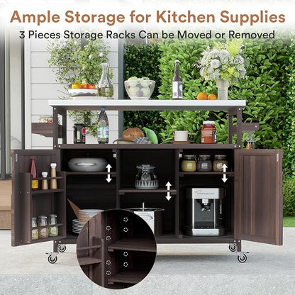 Zevemomo Outdoor Grill Cart with Storage, Lockable Casters, Brown | Stainless Steel Tabletop Outdoor Kitchen Island, Fir Wood Outdoor Buffet Cabinet for Kitchen & Barbecue