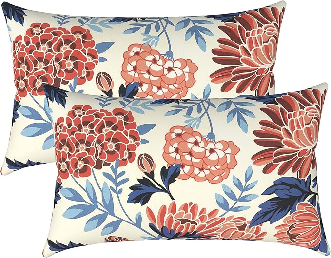 LVTXIII Set of 2 Patio Lumbar Pillow Covers ONLY, 12" x 20" Fade Resistant Outdoor Lumbar Pillow Cases, Fluffy Decorative Garden Lumbar Cushions Covers for Home Patio Coach Sofa Use, Red Chrysanthemum
