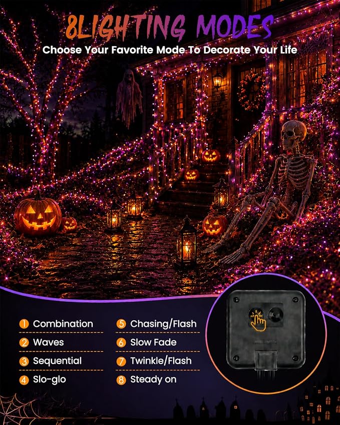 Solar Halloween String Lights Outdoor, 2 Pack 80 FT 200 LED Fairy Lights | Purple and Orange, 8 Modes, Auto On/Off, Waterproof Copper Wire Twinkle Lights for Garden Tree Patio Halloween Decorations
