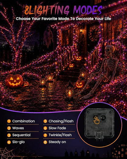 Solar Halloween String Lights Outdoor, 2 Pack 80 FT 200 LED Fairy Lights | Purple and Orange, 8 Modes, Auto On/Off, Waterproof Copper Wire Twinkle Lights for Garden Tree Patio Halloween Decorations