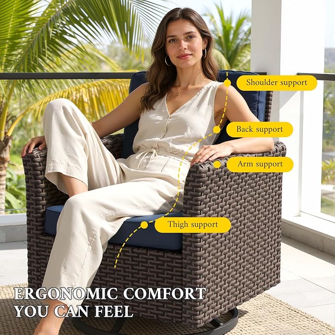 Patio Wicker Swivel Chairs with High Back Set of 2, All Weather PE Wicker Outdoor Swivel Chairs with Waterproof Cushion for Porch, Backyard, Balcony, Deck