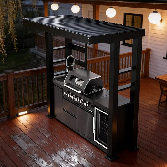 97-Inch 4-Burner Outdoor Kitchen Grill Island with Canopy, 72000 BTU Propane Gas Outdoor Kitchen Island, 304 Stainless Steel, Rotisserie, Storage Cabinets & Drawers, For Backyard BBQ, Black