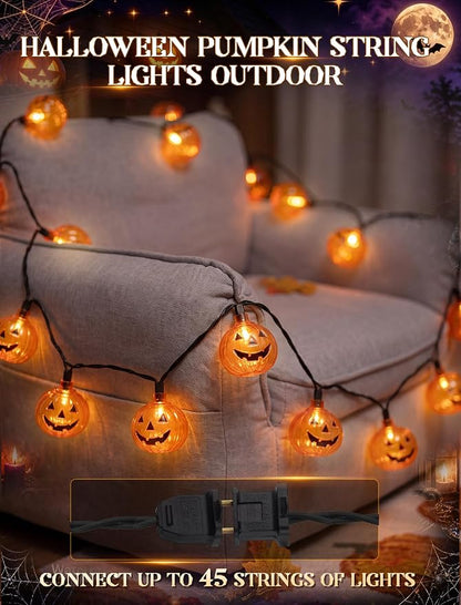 8.5Ft Halloween Pumpkin String Lights, 10 LED Jack-O-Lantern Lights | IP44 waterproof, UL-Listed, 8in Bulb Spacing, End-to-end Connectable, for Home Party Porch Patio Garden Halloween Decor