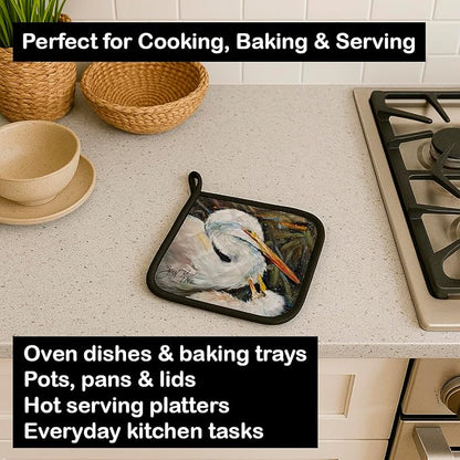 Caroline's Treasures JMK1227PTHD White Egret Pair of Pot Holders Kitchen Heat Resistant Pot Holders Sets Oven Hot Pads for Cooking Baking BBQ, 7 1/2 x 7 1/2