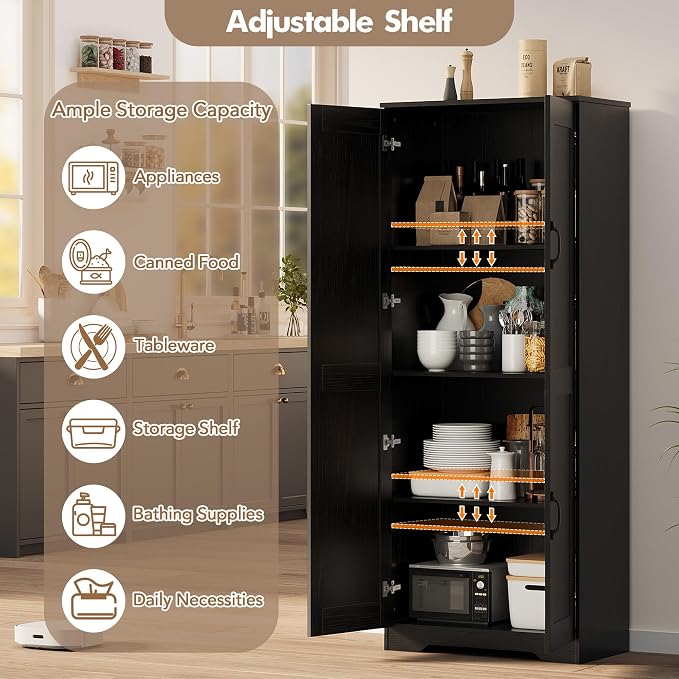 IDEALHOUSE 60" Tall Pantry Cabinet | Kitchen Storage Cabinet with 2 Doors & Adjustable Shelves, Wooden Cupboard for Bathroom，Dining Room, Living Room, Black
