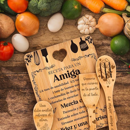 Regalos de cumpleaños para Amiga - "Receta para una Amiga especial". Juego de tablas de cortar y utensilios de bambú grabados. Regalos de cumpleaños para Amiga. Spanish Friend Cutting Board