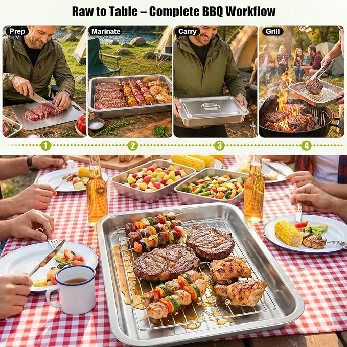 7-IN-1 Grill Prep & Carry System - Large Stainless Steel Prep Tray with Lid | Grill Accessories with 2 Marinating Containers, Cutting Board & Rack, Dishwasher-Safe Grilling Prep & Serve Set for BBQ Gifts