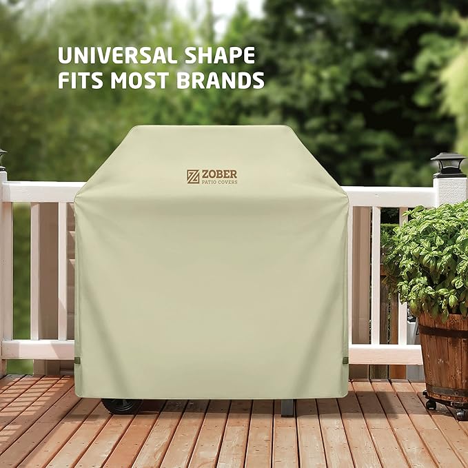 ZOBER Heavy Duty BBQ Grill Cover - 58 Inch Waterproof Double Layered Fits Weber Gas Grill Cover Charbroil Grill & Smoker - Gas Grill Covers w/Air Vents, Dual Handles - 600D Oxford Fabric, Cream