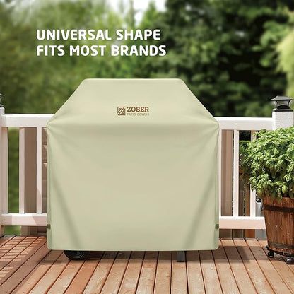 ZOBER Heavy Duty BBQ Grill Cover - 58 Inch Waterproof Double Layered Fits Weber Gas Grill Cover Charbroil Grill & Smoker - Gas Grill Covers w/Air Vents, Dual Handles - 600D Oxford Fabric, Cream