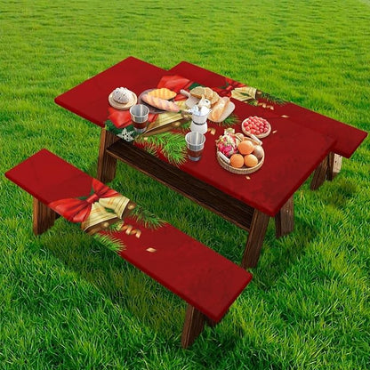Christmas Elastic Fitted Table Cloth for Camping Party Christmas Bells Picnic Table Cover with Bench Covers 3 PCS for Outdoors