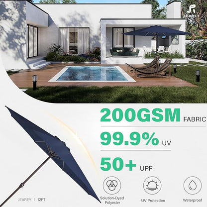 JEAREY 12' Patio Umbrellas Outdoor Table Market Umbrella w/Crank, 8 Sturdy Ribs, UV Protection Windproof for Garden, Deck, Backyard, Pool(Navy Blue)