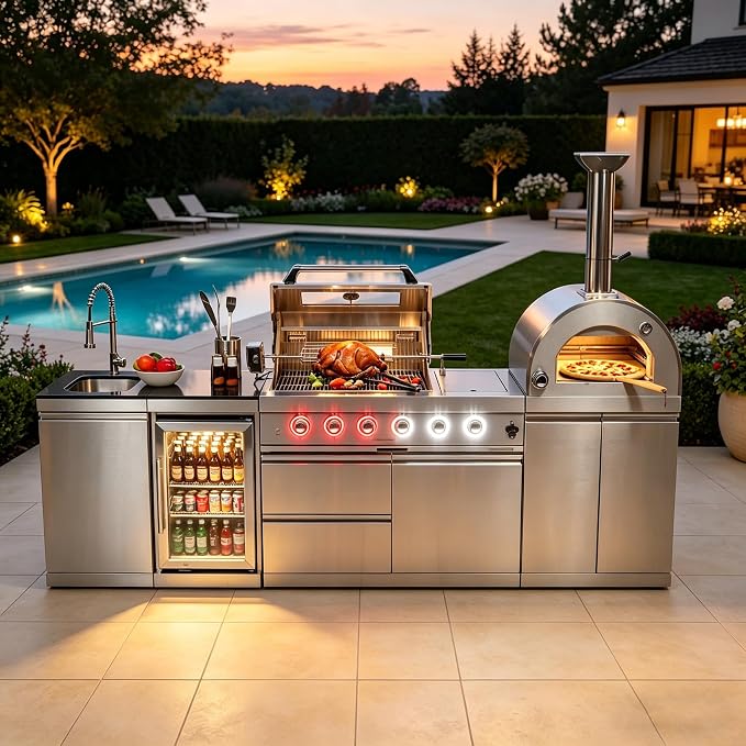 112" Modular Outdoor Kitchen Island with Pizza Oven, 108,000 BTU Propane BBQ Island with Grill and Side Burner, Refrigerator, Sink & Rotisserie, for Backyard and Patio Cooking, Silver