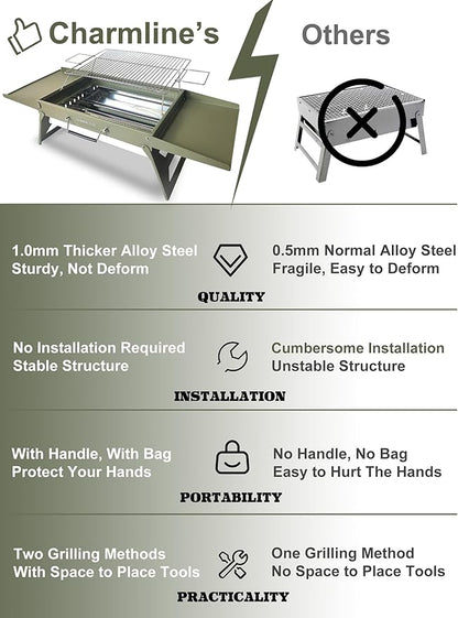 Charmline 20 x 14 inches Large Foldable Portable Charcoal BBQ Grill, Camping BBQ Grill for 3–5 People, Ideal for Camping, Garden, Beach, Picnic & Tabletop Use, Green