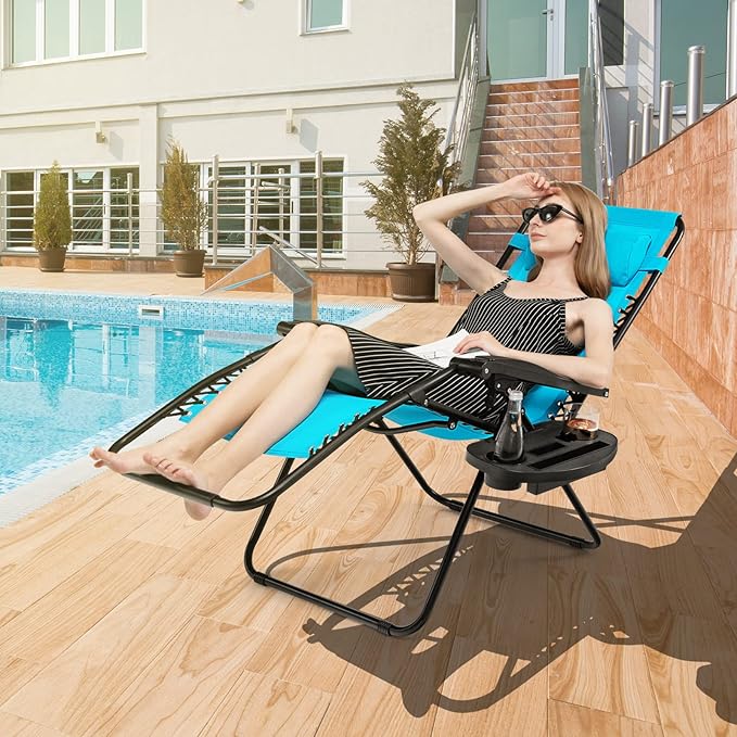 Giantex Zero Gravity Reclining Chair, Outdoor Patio Recliner with Cup Holder & Removable Pillow, Adjustable Backrest, Indoor Lounge Chair for Backyard, Garden, Poolside (Blue)