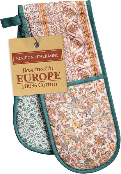 Maison d' Hermine Double Oven Mitts 100% Cotton Double Oven Glove (7"x35") | Heat Resistant BBQ Cooking Gloves with Loop Baking Kitchen Home Hotel Farmhouse Thanksgiving Christmas - Nila