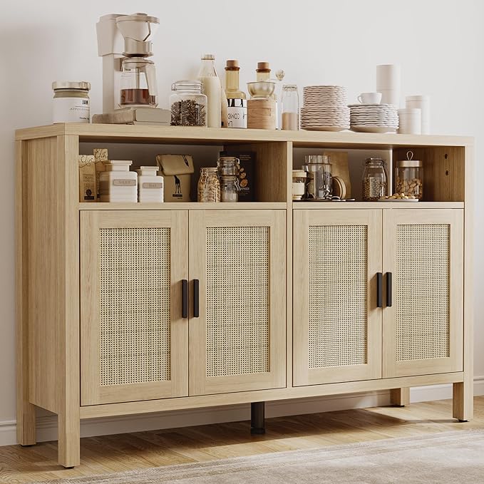Rattan Buffet Cabinet with Storage, Sideboard with Doors, Console Table, Farmhouse Coffee Bar, Modern Wood Storage Cabinets(Oak 2.0)