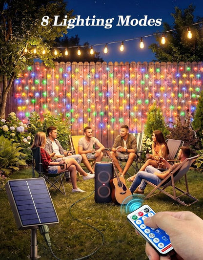10x10FT Solar Christmas Net Lights Outdoor Waterproof with Remote | 240LED 8 Modes Solar & USB Powered Mesh Lights with Green Wire for Gazebo, Bush, Garden Shrubs, Lawn, Patio Decor, Multicolor