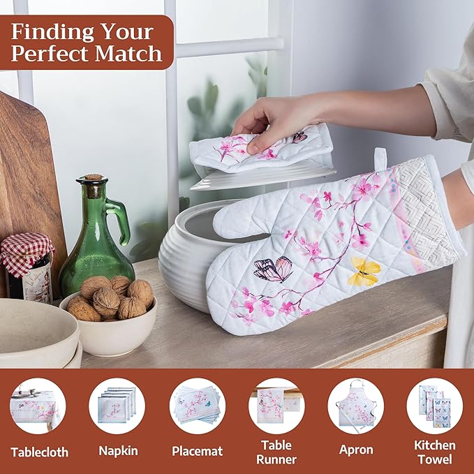 Maison d' Hermine Pot Holders 100% Cotton Heat Resistant Potholders 8" x 8" Hot Pads with Loop Cooking Baking Hotel Farmhouse Kitchen Handling Hot Pans Spring Summer (Pack of 2, Blossoms in Spring)