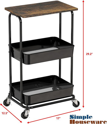 Simple Houseware 2-Tier Utility Cart Wood Top/Lockable Wheel, Rustic Brown | 2-Tier Metal Storage Organizer Trolley for Kitchen, Bathroom, Office, Craft Room