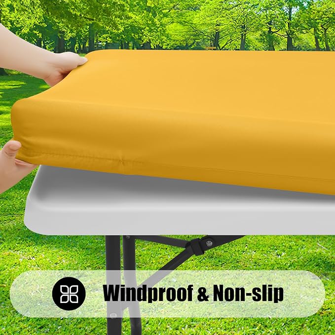 Smiry Rectangle Picnic Table Cloth, Waterproof Elastic Fitted Tablecloths for 6 Foot Tables, Washable Polyester Table Cover for Camping, Indoor and Outdoor (Mustard Yellow, 30"x72")