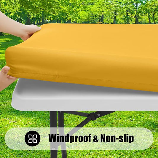 Smiry Rectangle Picnic Table Cloth, Waterproof Elastic Fitted Tablecloths for 6 Foot Tables, Washable Polyester Table Cover for Camping, Indoor and Outdoor (Mustard Yellow, 30"x72")