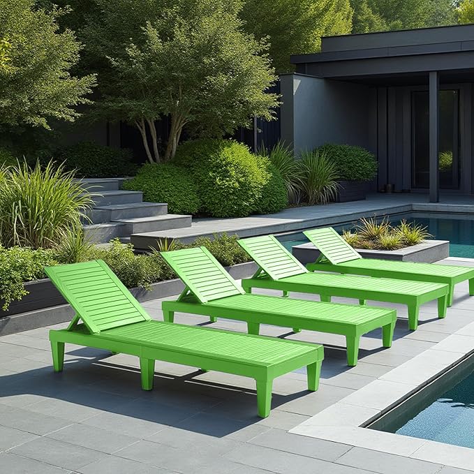 Nestl Sun Tanning Chair - Lime Green Chaise Lounge Chair Outdoor, Lightweight Pool Lounge Chairs Set of 6, Adjustable 5-Position Reclining Lawn Chair, Waterproof Beach Outdoor Lounge Chairs