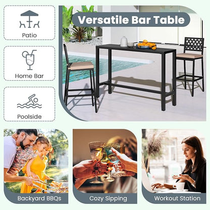 GIANTEX Outdoor Rectangle Bar Table with Counter Height, Slatted Top & Footrest, Heavy-Duty Metal Frame, 400Lbs Capacity, High Pub Table for Patio, Deck, Yard, Hot Tub, Balcony, Black (55")