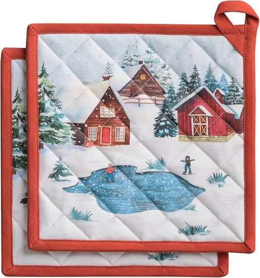 Maison d' Hermine Pot Holders 100% Cotton Potholders (8" x 8", Pack of 2) | Heat Resistant Hot Pads with Loop BBQ Cooking Baking Hotel Kitchen Handling Hot Pans Thanksgiving Christmas - Megeve