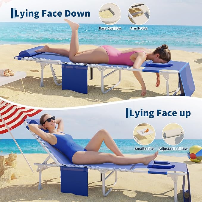 Garvee Tanning Chair with Face Hole, 3-in-1 Outside Beach Lounge Chair with Folding Table, 5 Reclining Positions and Removable Pillow, for Beach, Pool, Patio, Garden -Max 330lbs (Blue) | with Folding Table, 5 Reclining Positions and Removable Pillow, f...
