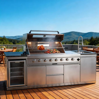 96-Inch 6-Burner Propane Gas Outdoor Grill Island, 85000 BTU 304 SS BBQ with Wine Cooler, Rotisserie, Granite Countertops for Patio Backyard, Silver