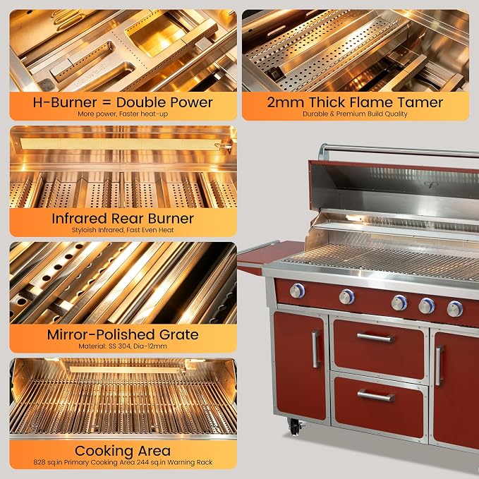49" Stainless Steel Propane Gas Grill, 4 Burners & Infrared Burner, Red | 304 stainless steel 99,000 BTU Dual-lined hood Easy ignition Warming rack Storage drawers Gliding wheels