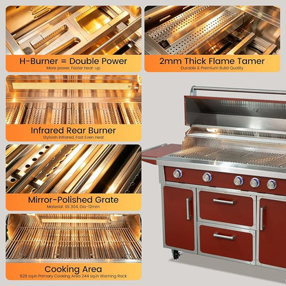 49" Stainless Steel Propane Gas Grill, 4 Burners & Infrared Burner, Red | 304 stainless steel 99,000 BTU Dual-lined hood Easy ignition Warming rack Storage drawers Gliding wheels