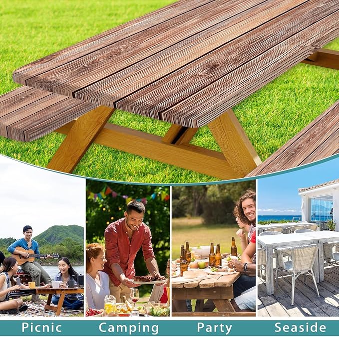 Picnic Table Cover with Bench Covers Camping Essentials Farmhouse Outdoor Table Covers Wood Grain Waterproof Windproof Fitted Tablecloth Cover with Elastic Edge for Indoor & Outdoor 3 PCS 30x60 Inch