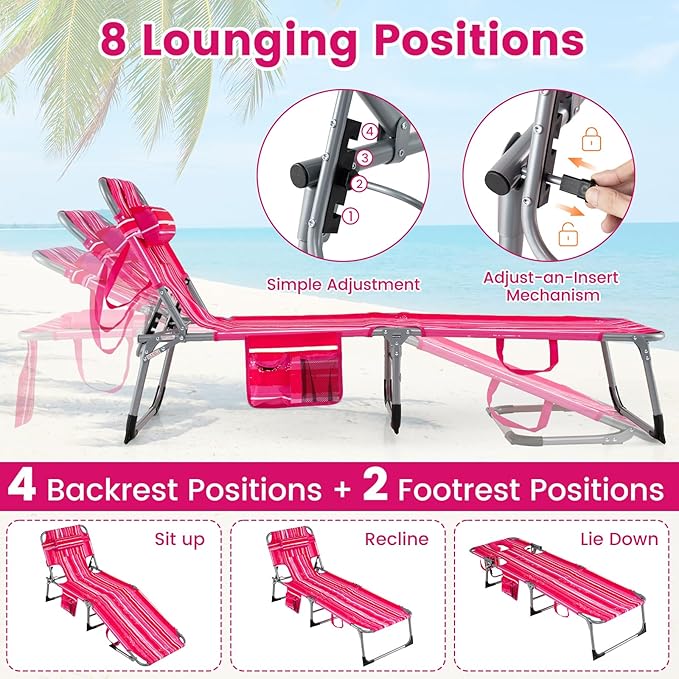 Goplus Tanning Chair, Folding Adjustable Patio Lounge Chair with Face Hole, Removable Pillow, 330LBS, Carry Strap, Outdoor Sunbathing Chair, Lightweight Portable Beach Lounge Chair
