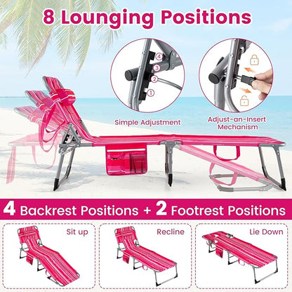 Goplus Tanning Chair, Folding Adjustable Patio Lounge Chair with Face Hole, Removable Pillow, 330LBS, Carry Strap, Outdoor Sunbathing Chair, Lightweight Portable Beach Lounge Chair