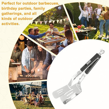 M METERXITY Spatula Tongs, 11.4 Inch 304 Stainless Steel Anti-Scald Multifunctional Flipper Grill Clamp for Cooking/Barbecue, Kitchen Cooking Tongs [Black Handle, Silver Tone]