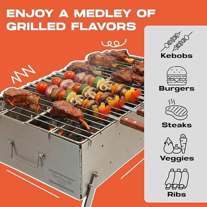 TSG Portable Stainless Steel Mangal Charcoal Grill For Shish Kebab, Steaks, Burgers | 20X12Inch| Includes 6 Skewers, 2 Tongs & Carry Bag | Foldable & Rustproof for Outdoor Cooking | Serves 8-12 People