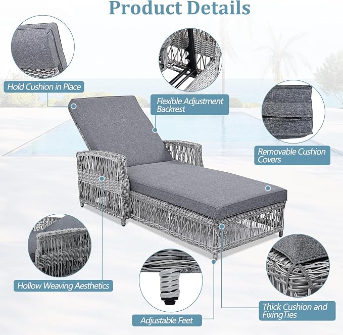 Merax Outdoor Rattan Chaise Lounge Set of 2, All Weather Wicker Patio Reclining Chairs with 4 Adjustable Backrest and Armrests, Sunbathing Recliner & Soft Removable Cushions for Poolside, Garden, Gray