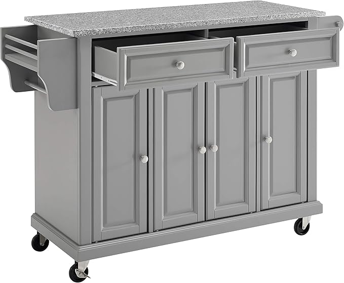 Crosley Furniture Full Size Granite Top Rolling Kitchen Island Storage Cart, Microwave Stand, Spice Rack, Gray