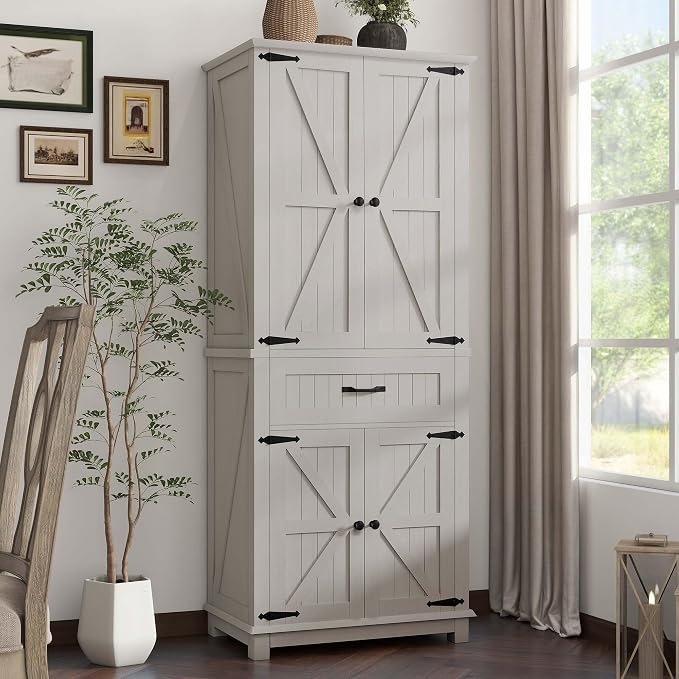 DWVO 72" Tall Farmhouse Pantry Cabinet, Kitchen Storage Pantry with Barn Doors & Drawer, Versatile Organizer with Adjustable Shelves, Rustic Cupboard for Dining Room, Living Room, White Oak | Tall Farmhouse Kitchen Pantry Cabinet, Kitchen Cupboard Vers...