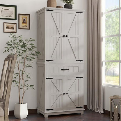 DWVO 72" Tall Farmhouse Pantry Cabinet, Kitchen Storage Pantry with Barn Doors & Drawer, Versatile Organizer with Adjustable Shelves, Rustic Cupboard for Dining Room, Living Room, White Oak | Tall Farmhouse Kitchen Pantry Cabinet, Kitchen Cupboard Vers...