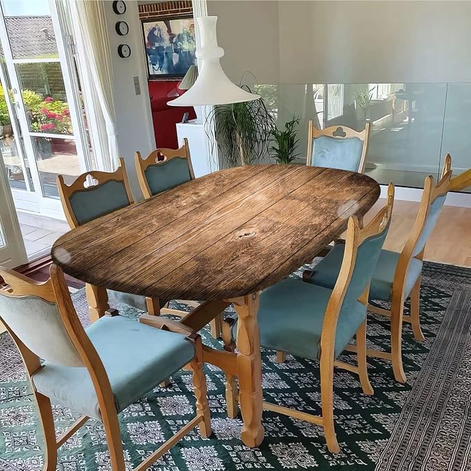 Rustic Oval Wood Grain Polyester Fitted Table Cover, Fits Tables up to 52" W x 70" L